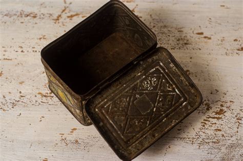 antique metal box hand with holes|antique metal boxes with lids.